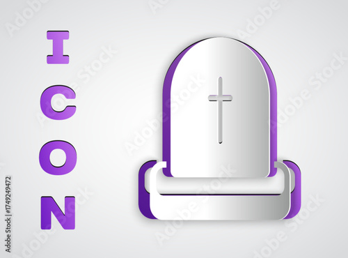 Paper cut Tombstone with RIP written on it icon isolated on grey background. Grave icon. Happy Halloween party. Paper art style. Vector