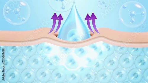 3d animation of white serum, cream, and lotion drops into skin cells for UV protection, Ultraviolet shield reflection. repair skin care concept
