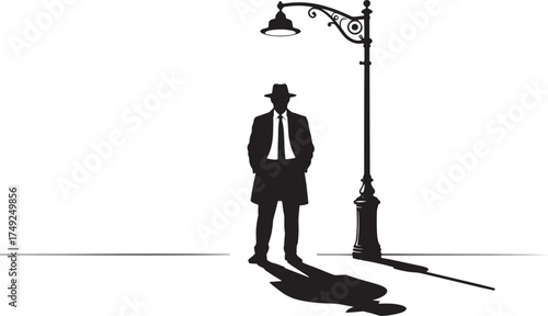 Silhouette of a man in a hat and trench coat standing under a street lamp