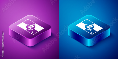 Isometric Old film movie countdown frame icon isolated on blue and purple background. Vintage retro cinema timer count. Square button. Vector