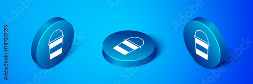 Isometric Fire bucket icon isolated on blue background. Metal bucket empty or with water for fire fighting. Blue circle button. Vector