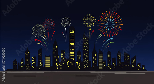 Night Skyline with Fireworks Festive Celebration over Urban Cityscape