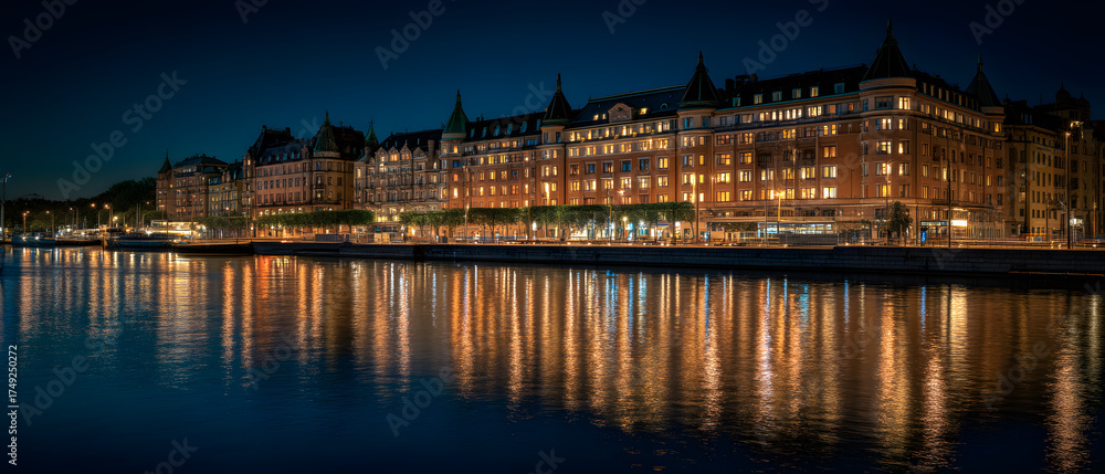 Fototapeta premium Captivating Night Glow Over Stockholm's Waterfront and Cityscape Featuring Luminous Buildings