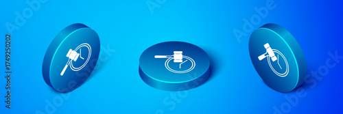 Isometric Auction hammer icon isolated on blue background. Gavel - hammer of judge or auctioneer. Bidding process, deal done. Auction bidding. Blue circle button. Vector