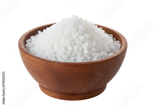 Isolated wooden bowl of sea salt coarse crystals, natural health and wellbeing concept