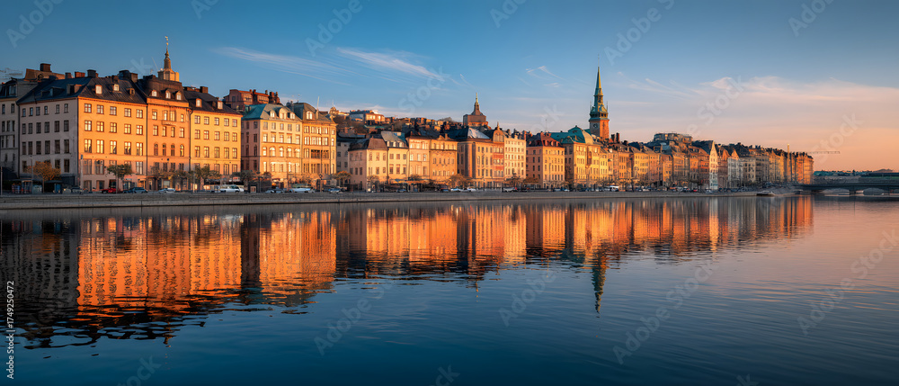 Naklejka premium Golden Sunset Reflection Over Stockholm Waterfront in Cinematic Beauty