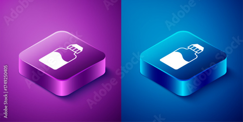 Isometric Vape liquid bottle for electronic cigarettes icon isolated on blue and purple background. Square button. Vector
