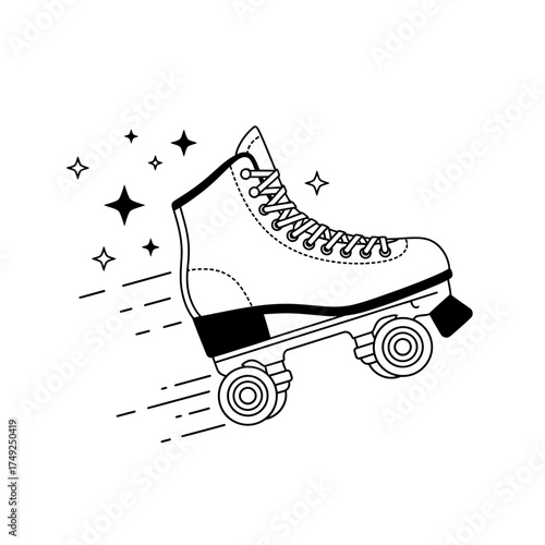 Retro quad roller skate in motion with sparkles black and white line art illustration.