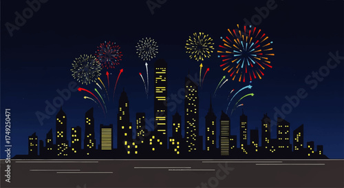 Vibrant Night Cityscape with Spectacular Fireworks Display Illuminating the Urban Skyline, a Festive Celebration Vector Illustration for New Year's or Special Events