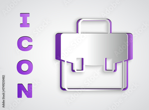 Paper cut Briefcase icon isolated on grey background. Business case sign. Business portfolio. Paper art style. Vector