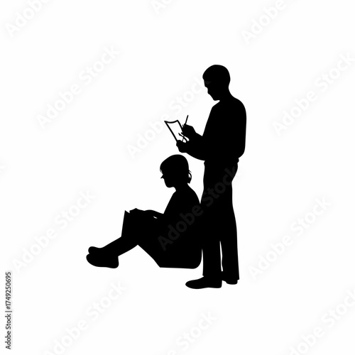 Silhouette of patient drawing therapy with counselor isolated on white background