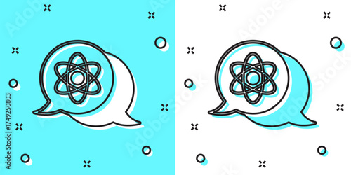Black line Atom icon isolated on green and white background. Symbol of science, education, nuclear physics, scientific research. Random dynamic shapes. Vector