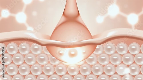 3d animation of white serum, cream, and lotion drops into skin cells for UV protection, Ultraviolet shield reflection. repair skin care concept
