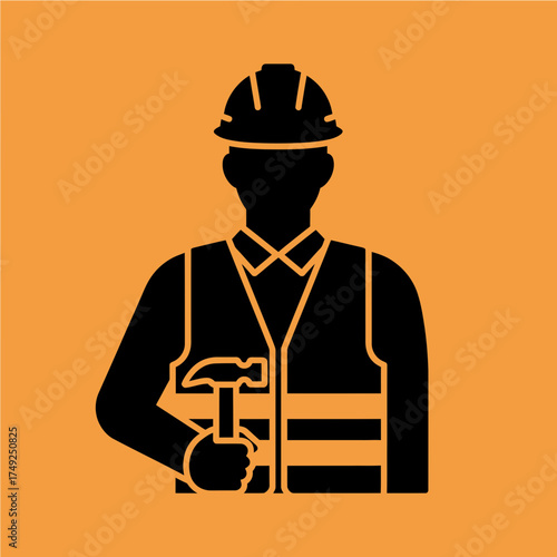 Construction worker holding a hammer wearing a hard hat and safety vest.