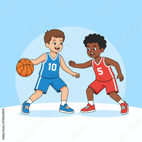 Two young basketball players in action one dribbling the ball the other defending.