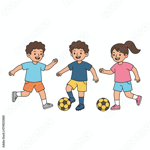 Three diverse children playing soccer together outdoors.