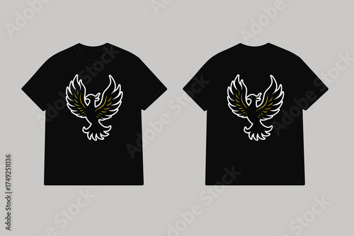 Black t shirt with golden phoenix emblem bird