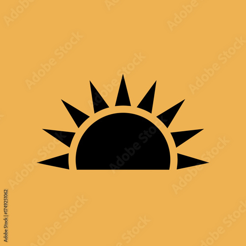 Black sun icon rising on a yellow background.