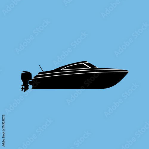 Modern powerboat silhouette with outboard engine for water sports and recreation.