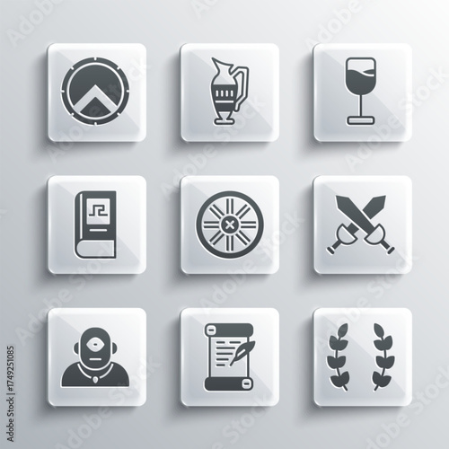 Set Decree, parchment, scroll, Laurel wreath, Crossed medieval sword, Old wooden wheel, Cyclops, Greek history book, shield and Wine glass icon. Vector