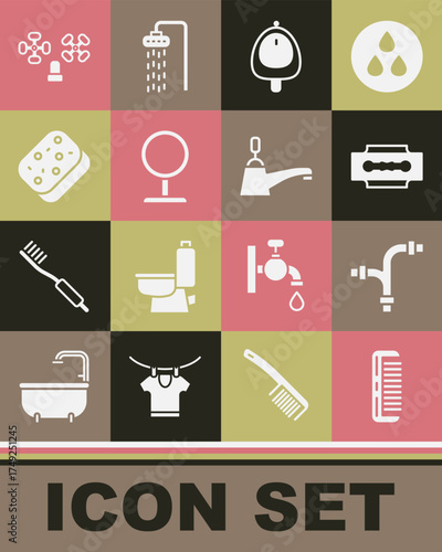 Set Hairbrush, Industry metallic pipe, Blade razor, Toilet urinal pissoir, Round makeup mirror, Sponge, Water tap and icon. Vector