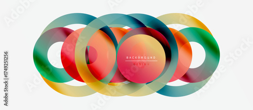 Abstract colorful circles overlap creating vibrant design. Gradient hues blend smoothly, forming modern background element.