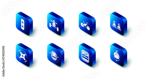 Set ATV motorcycle, Bicycle, Snowboard, Helmet and action camera, First aid kit, Rafting boat, Drone flying and icon. Vector
