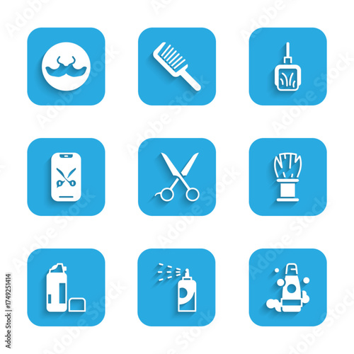 Set Scissors hairdresser, Spray can for hairspray, Bottle of shampoo, Shaving brush, gel foam, Barber online service platform, Dustpan and Mustache icon. Vector