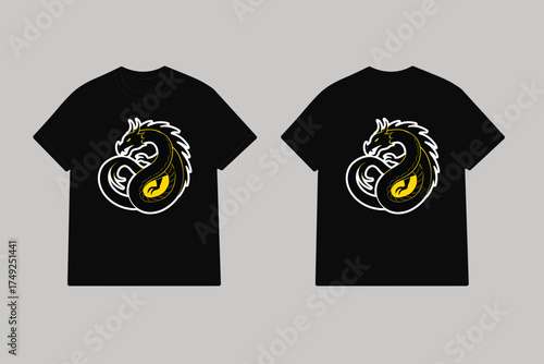 Black t shirt with intertwined dragon snake design