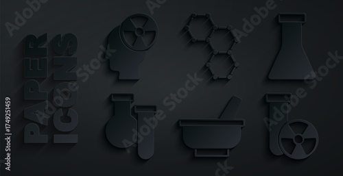 Set Mortar and pestle, Test tube flask, radiation, Chemical formula and Head symbol icon. Vector