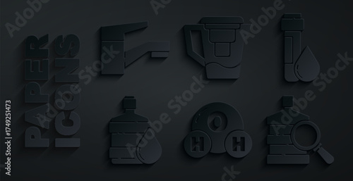 Set Chemical formula for H2O, Test tube with water drop, Big bottle clean, Water jug filter and tap icon. Vector