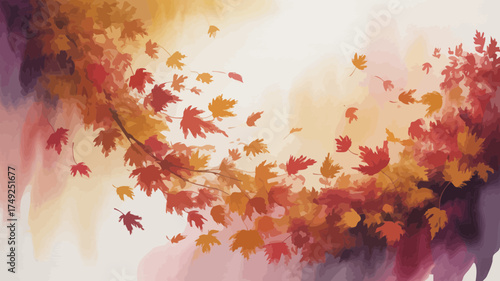 Watercolor painting of autumn leaves falling from branches in shades of red orange and yellow hues