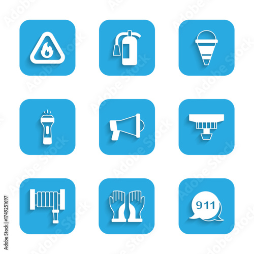 Set Megaphone, Firefighter gloves, Emergency call 911, Smoke alarm system, hose reel, Flashlight, cone bucket and flame in triangle icon. Vector
