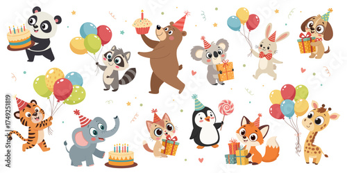Set of cute animals with balloons, cakes and birthday gifts. Charming cartoon characters for children's party, greeting card. Vector illustrations. Isolated on white background.