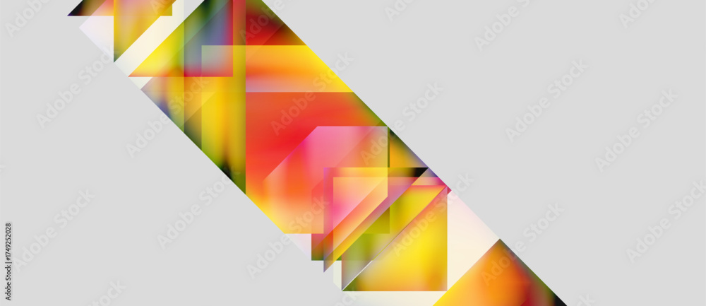 Fototapeta premium Abstract geometric shapes overlap, creating vibrant color gradients. Composition features diagonal lines, warm tones dominate. Minimalist design.