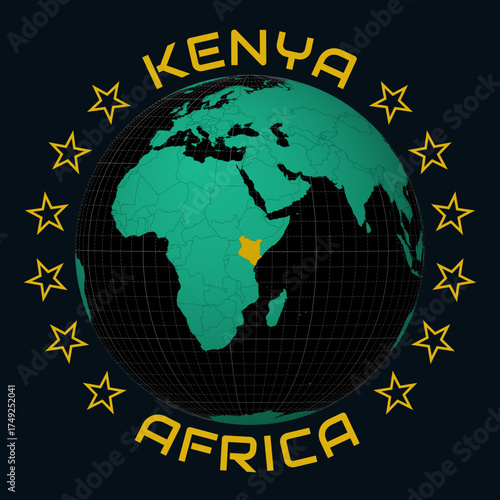 Republic of Kenya on Globe. Round country and continent name text. Country view on world map in Black Emerald color palette. Kenya shape on map. Elegant vector illustration.