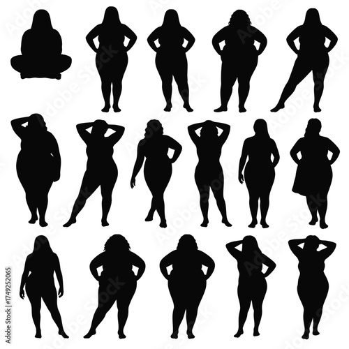Diverse collection of black silhouettes vector illustration of plus size women poses scalable eps silhouette