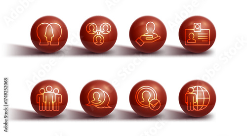 Set line Project team base, Users group, Identification badge, Create account screen, Speech bubble chat, Head hunting and Hand for search people icon. Vector