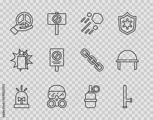 Set line Flasher siren, Police rubber baton, Flying stone, Gas mask, Peace, Protest, Hand grenade and Military helmet icon. Vector