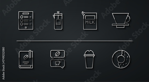 Set line Coffee menu, book, V60 coffee maker, Milkshake, and conversation, French press, Donut with sweet glaze and Paper package for milk icon. Vector