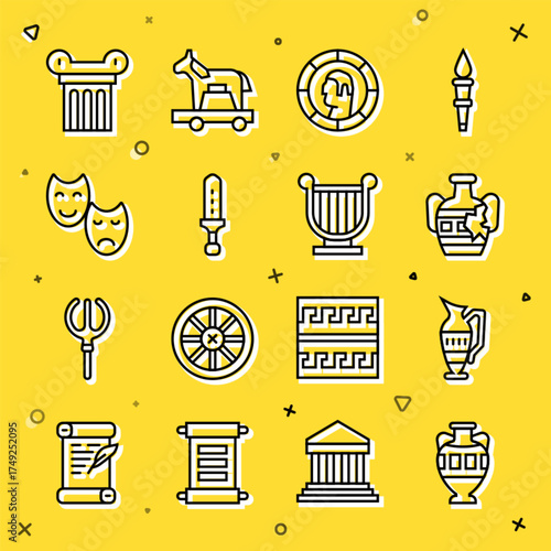 Set line Ancient amphorae, Broken, Greek coin, Medieval sword, Comedy and tragedy masks, column and lyre icon. Vector
