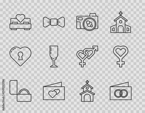 Set line Diamond engagement ring, Greeting card, Photo camera, Bedroom, Glass of champagne, Church building and Female gender symbol icon. Vector