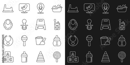 Set line Lollipop, Baby bottle, Monitor Walkie Talkie, dummy pacifier, bib, potty and icon. Vector