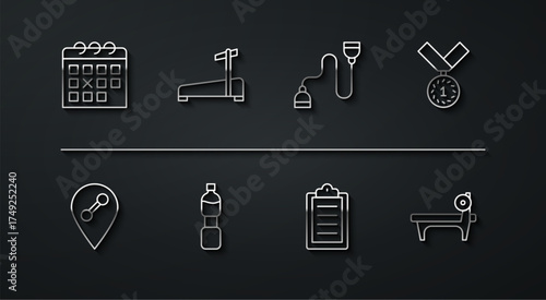 Set line Calendar fitness, Location gym, Medal, Sport training program, Bottle of water, Treadmill machine, Bench with barbel and Chest expander icon. Vector