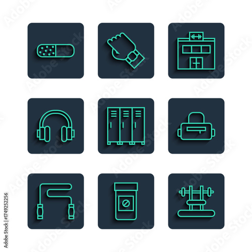 Set line Jump rope, Anabolic drugs, Bench with barbel, Gym building, Locker or changing room, Headphones, Vitamin pill and Sport bag icon. Vector
