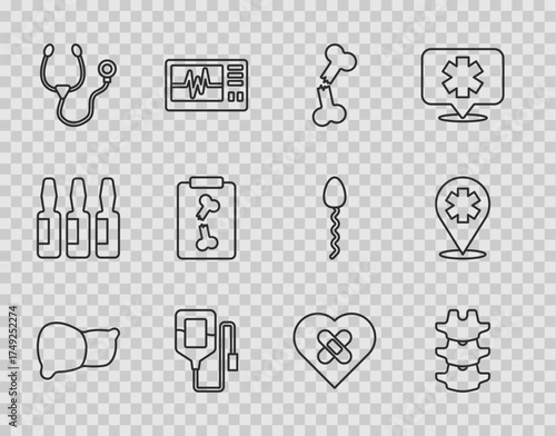 Set line Human organ liver, spine, broken bone, IV bag, Stethoscope, X-ray shots, Healed heart and Location with cross hospital icon. Vector