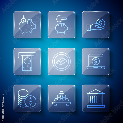 Set line Coin money with dollar, Gold bars, Bank building, Hand giving, ATM, Piggy bank coin and Laptop icon. Vector