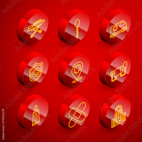 Set line Stretcher, Sperm, Emergency car, Life insurance in hand, Location with cross hospital, Blood pressure, Ointment cream tube medicine and Crossed bandage plaster icon. Vector