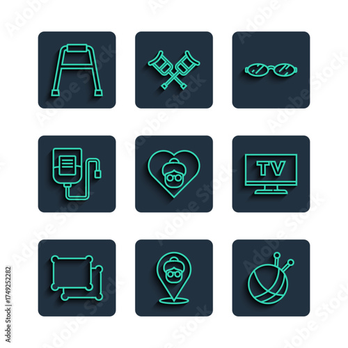 Set line Pillow, Nursing home, Yarn ball with knitting needles, Eyeglasses, Grandmother, IV bag, Walker and Smart Tv icon. Vector