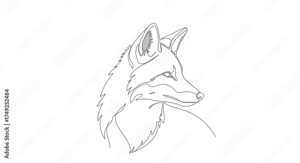 Fototapeta premium Line art illustration of a fox head in profile, with detailed fur and facial features.